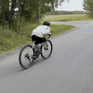 Radfahrer von hinten auf der Landstraße am Feldrand